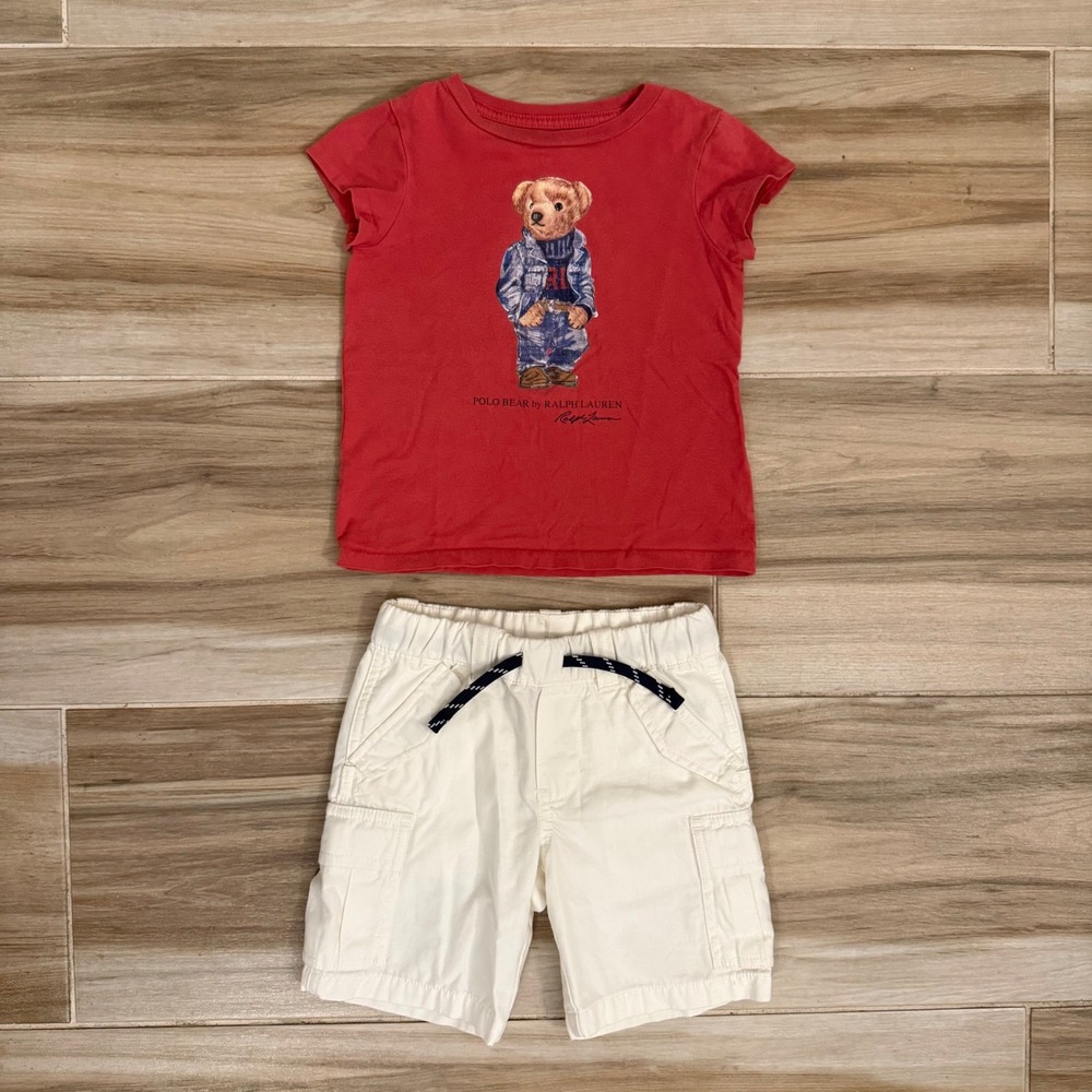 Polo Ralph Lauren Toddler Polo Bear Red T-Shirt and White Cargo Shorts Set 3T